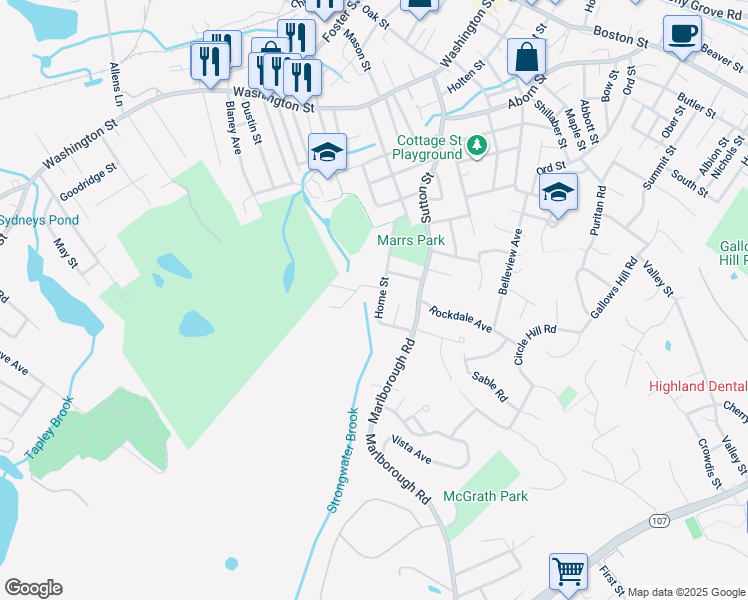 map of restaurants, bars, coffee shops, grocery stores, and more near 6 Sherwood Avenue in Peabody