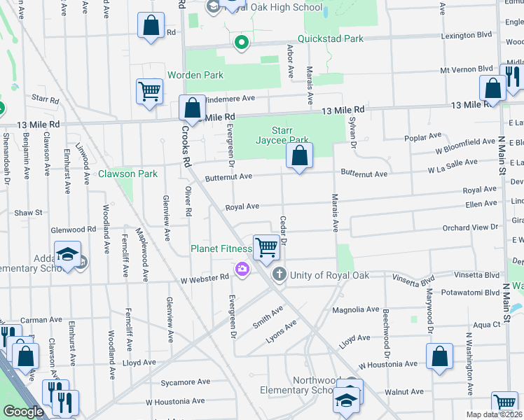 map of restaurants, bars, coffee shops, grocery stores, and more near 1313 Royal Avenue in Royal Oak