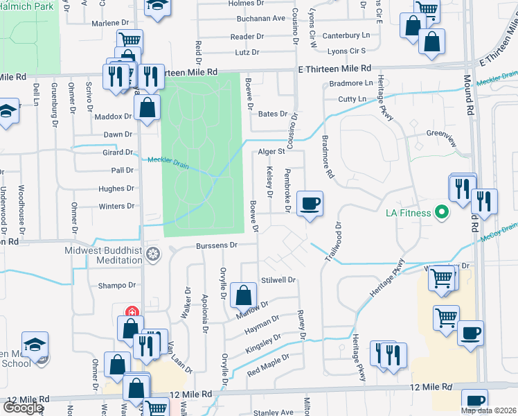 map of restaurants, bars, coffee shops, grocery stores, and more near 30145 Boewe Drive in Warren