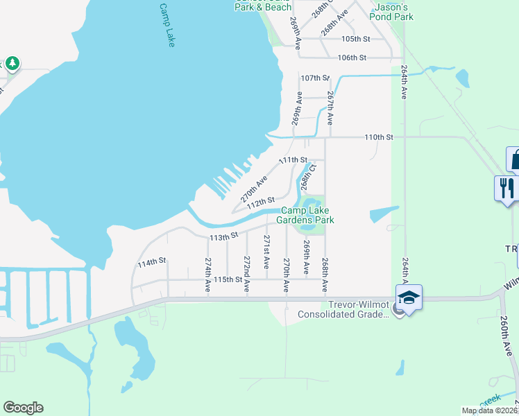 map of restaurants, bars, coffee shops, grocery stores, and more near 26948 112th Street in Trevor