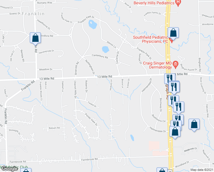 map of restaurants, bars, coffee shops, grocery stores, and more near 30887 Hickory Ln in Franklin