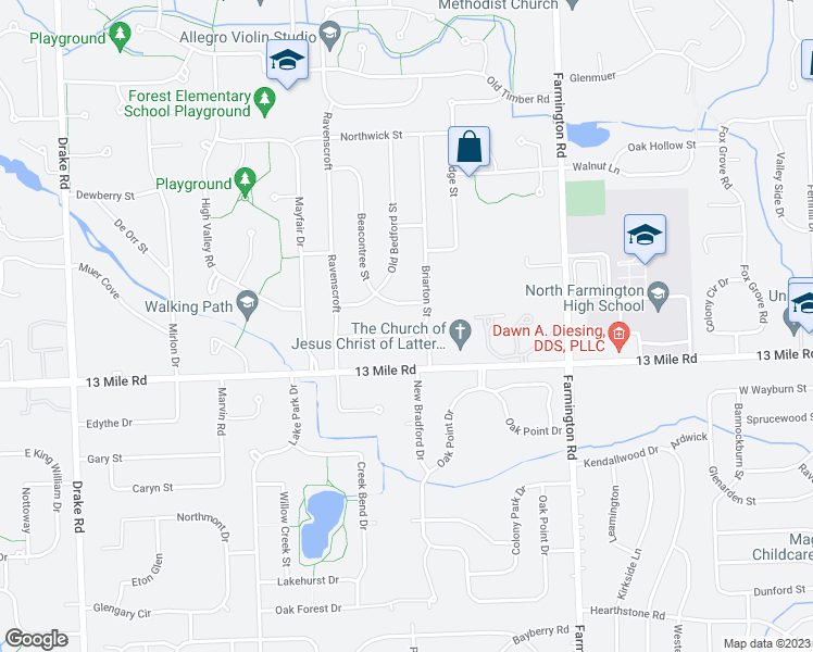 map of restaurants, bars, coffee shops, grocery stores, and more near 34036 Banbury Street in Farmington Hills