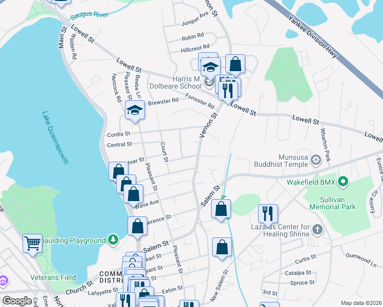 map of restaurants, bars, coffee shops, grocery stores, and more near 5 Eastern Avenue in Wakefield