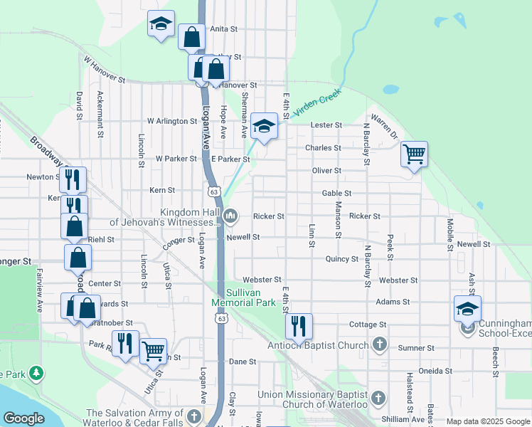 map of restaurants, bars, coffee shops, grocery stores, and more near 119 Ricker Street in Waterloo