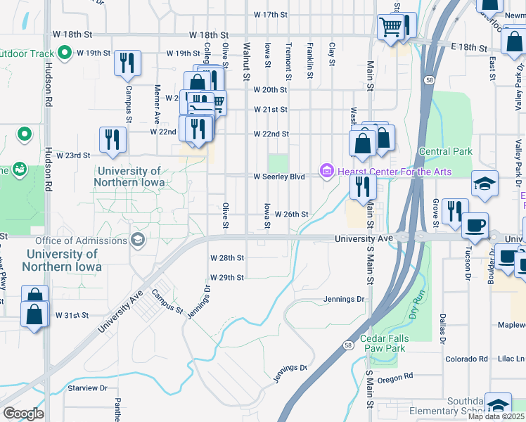 map of restaurants, bars, coffee shops, grocery stores, and more near 2521 Iowa Street in Cedar Falls