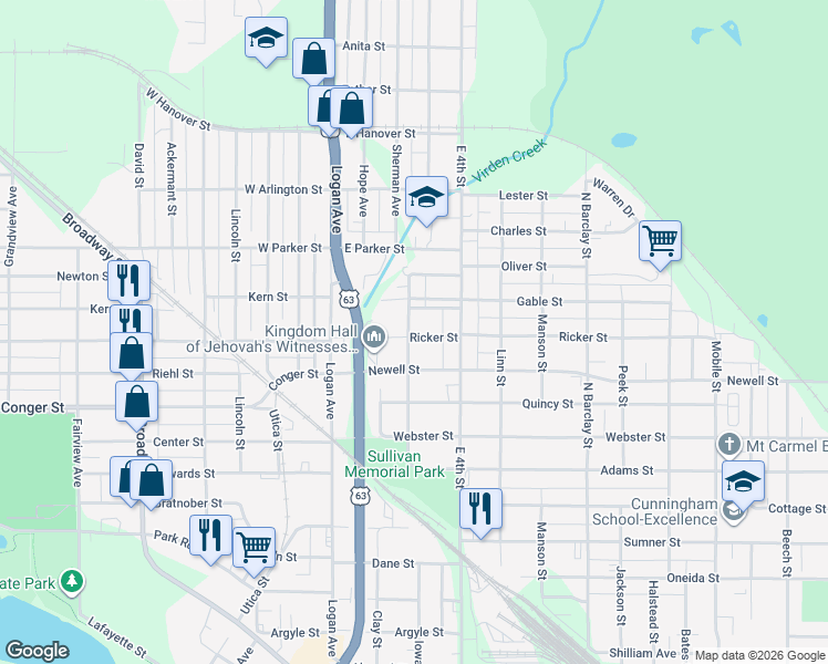 map of restaurants, bars, coffee shops, grocery stores, and more near 119 Ricker Street in Waterloo