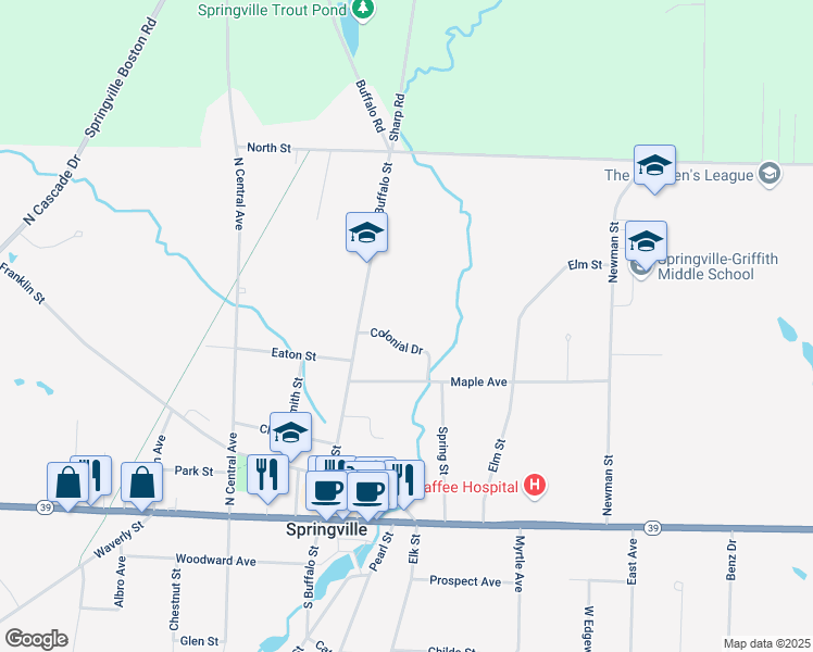 map of restaurants, bars, coffee shops, grocery stores, and more near 60 Colonial Drive in Springville