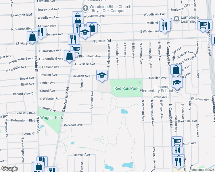 map of restaurants, bars, coffee shops, grocery stores, and more near 800 De Villen Avenue in Royal Oak