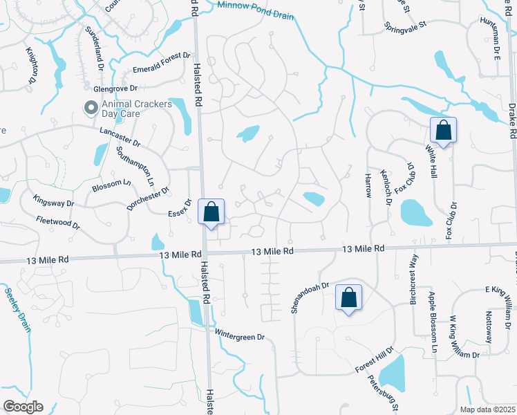 map of restaurants, bars, coffee shops, grocery stores, and more near 36971 Dartmoor Drive in Farmington Hills