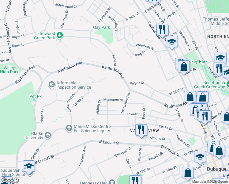 map of restaurants, bars, coffee shops, grocery stores, and more near 777 Seward Street in Dubuque