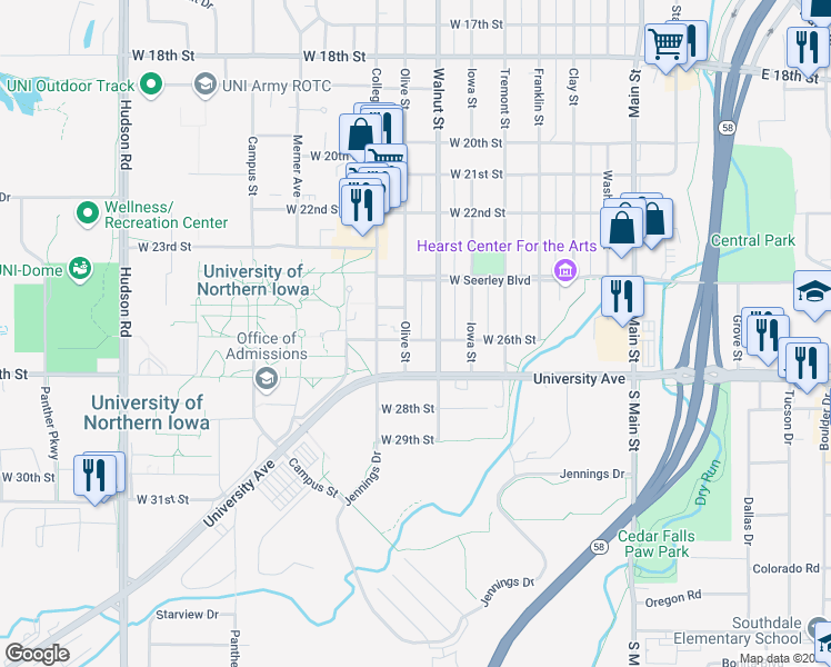 map of restaurants, bars, coffee shops, grocery stores, and more near 2515 Walnut Street in Cedar Falls