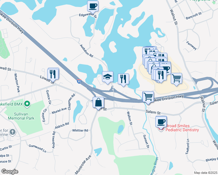 map of restaurants, bars, coffee shops, grocery stores, and more near 24 Audubon Road in Wakefield