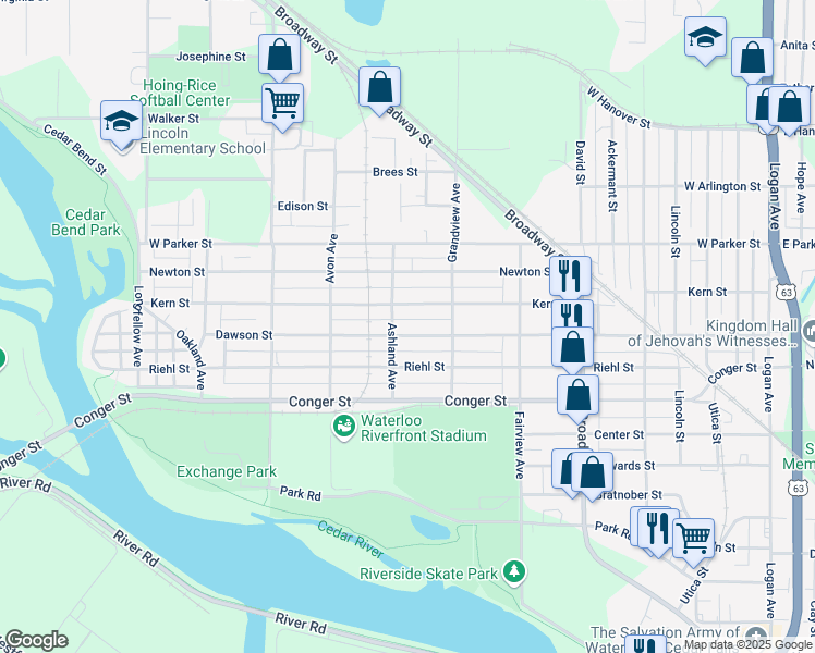 map of restaurants, bars, coffee shops, grocery stores, and more near 744 Dawson Street in Waterloo