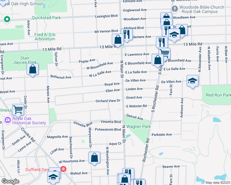map of restaurants, bars, coffee shops, grocery stores, and more near 115 Ellen Avenue in Royal Oak