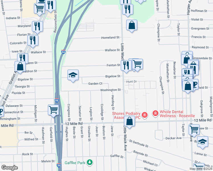 map of restaurants, bars, coffee shops, grocery stores, and more near 20420 Garden Court in Roseville