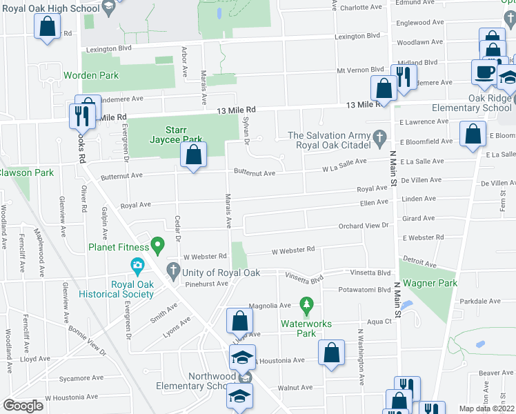 map of restaurants, bars, coffee shops, grocery stores, and more near 805 Royal Avenue in Royal Oak