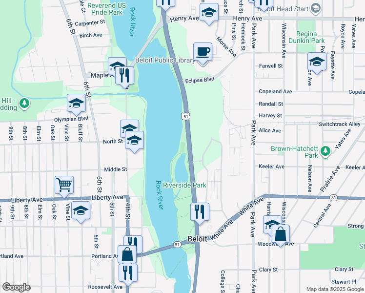map of restaurants, bars, coffee shops, grocery stores, and more near 1254-1648 South Riverside Drive in Beloit