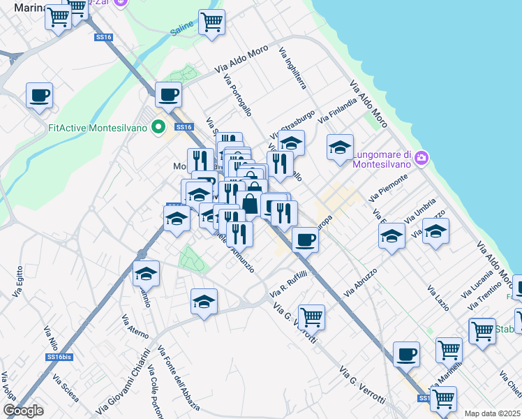 map of restaurants, bars, coffee shops, grocery stores, and more near 197-199 Corso Umberto I in Montesilvano