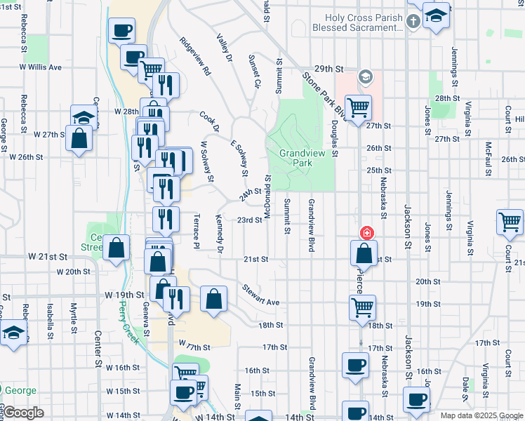map of restaurants, bars, coffee shops, grocery stores, and more near 2309 East Solway Street in Sioux City