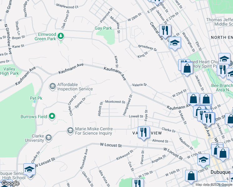 map of restaurants, bars, coffee shops, grocery stores, and more near 777 Seward Street in Dubuque