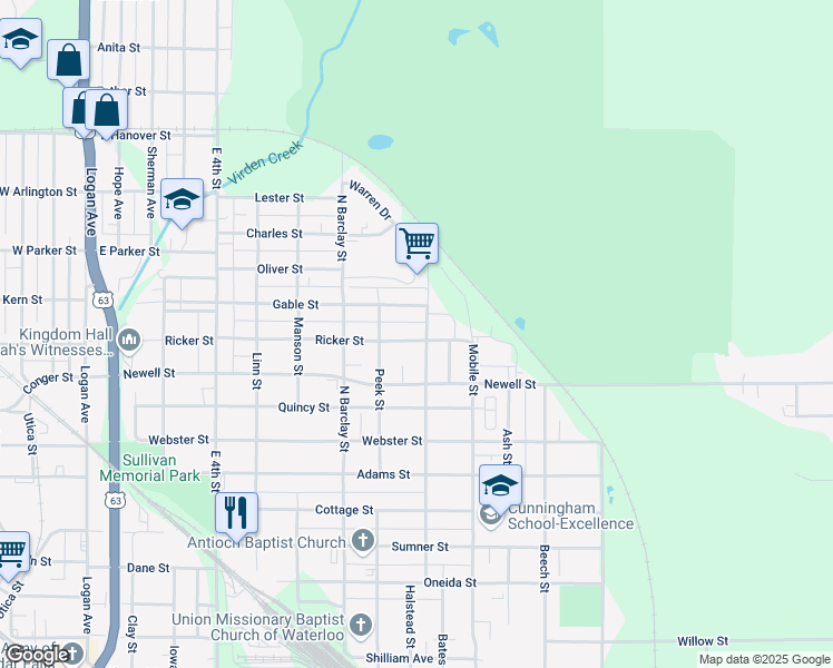 map of restaurants, bars, coffee shops, grocery stores, and more near 713 Ricker Street in Waterloo