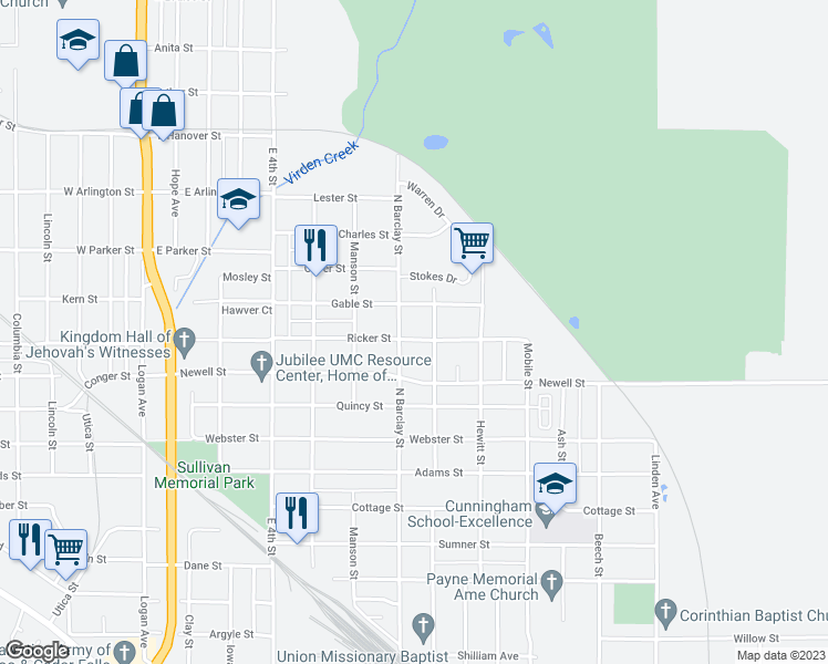 map of restaurants, bars, coffee shops, grocery stores, and more near 511 Ricker Street in Waterloo