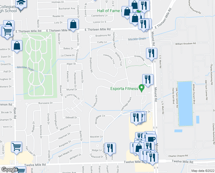 map of restaurants, bars, coffee shops, grocery stores, and more near 30221 Bradmore Road in Warren