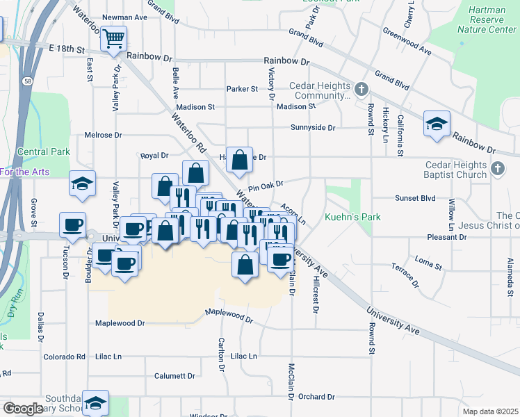 map of restaurants, bars, coffee shops, grocery stores, and more near 2601-2699 Waterloo Road in Cedar Falls