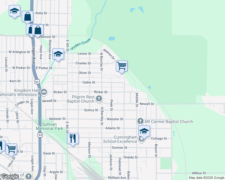 map of restaurants, bars, coffee shops, grocery stores, and more near 601 Ricker Street in Waterloo