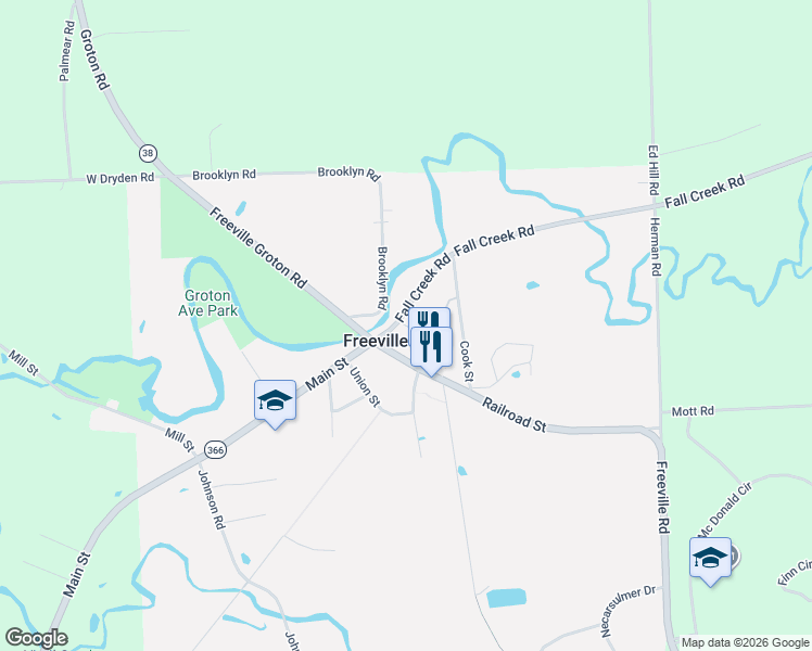 map of restaurants, bars, coffee shops, grocery stores, and more near 1 Heath Pl in Freeville