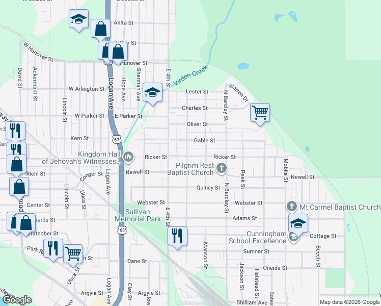 map of restaurants, bars, coffee shops, grocery stores, and more near 303 Ricker Street in Waterloo