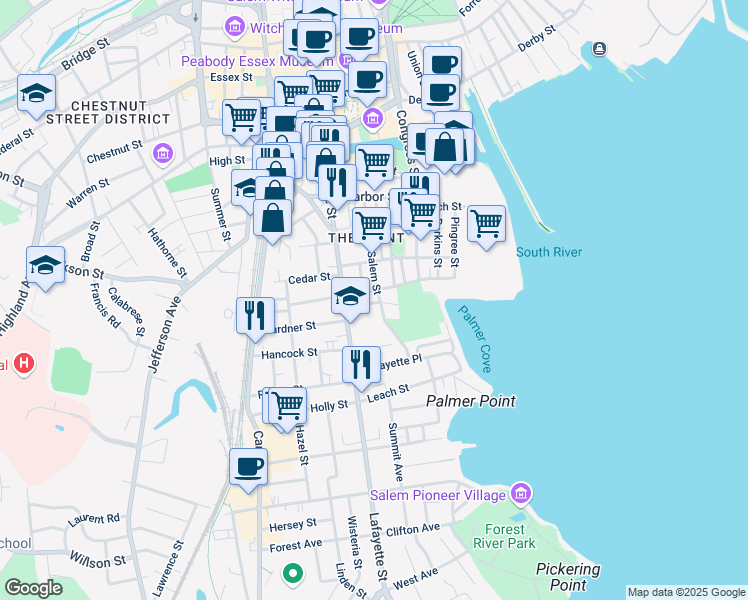 map of restaurants, bars, coffee shops, grocery stores, and more near 11 Chase Street in Salem