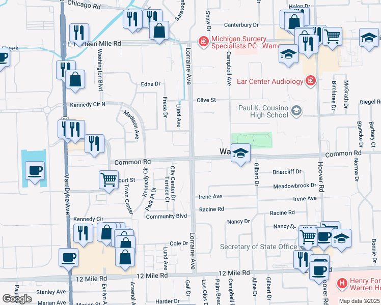 map of restaurants, bars, coffee shops, grocery stores, and more near 30060 Lorraine Avenue in Warren