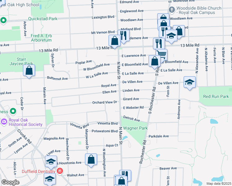 map of restaurants, bars, coffee shops, grocery stores, and more near 115 Ellen Avenue in Royal Oak