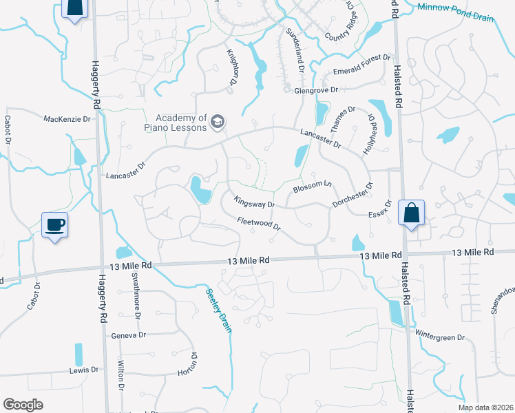 map of restaurants, bars, coffee shops, grocery stores, and more near 30154 Kingsway Drive in Farmington Hills