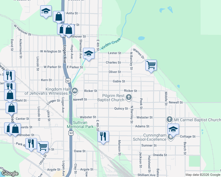 map of restaurants, bars, coffee shops, grocery stores, and more near 303 Ricker Street in Waterloo