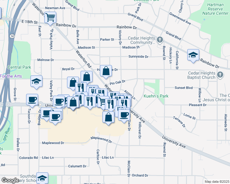 map of restaurants, bars, coffee shops, grocery stores, and more near 2601-2699 Waterloo Road in Cedar Falls