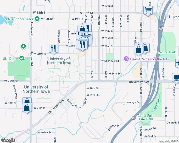 map of restaurants, bars, coffee shops, grocery stores, and more near 2516 College Street in Cedar Falls