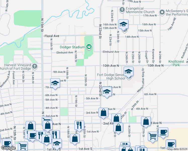 map of restaurants, bars, coffee shops, grocery stores, and more near 824 N 22nd St in Fort Dodge