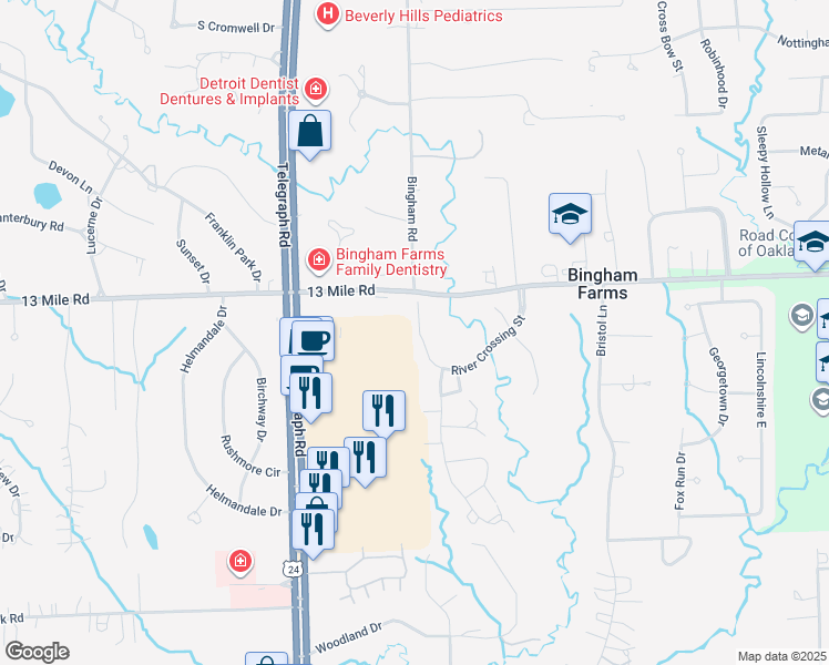 map of restaurants, bars, coffee shops, grocery stores, and more near 30745 River Crossing Street in Bingham Farms