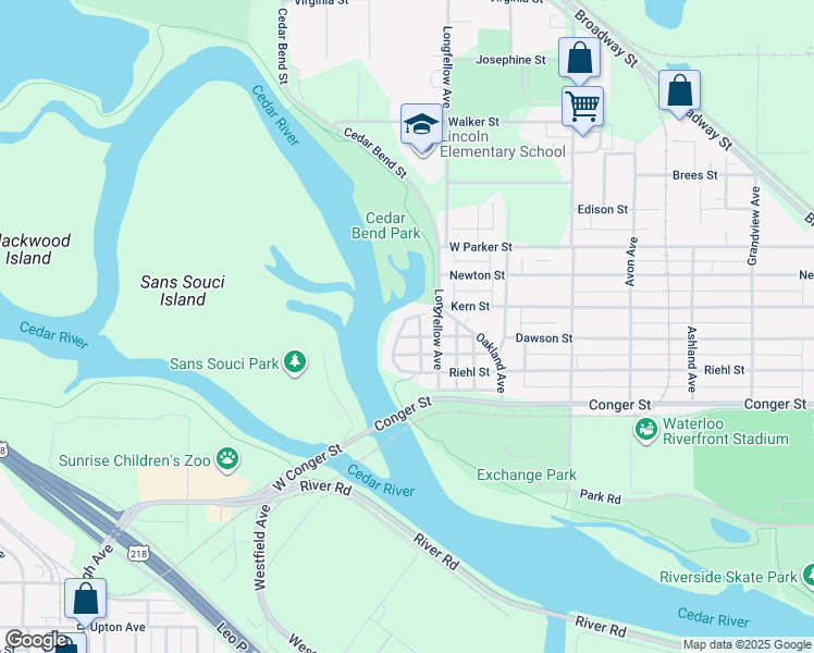 map of restaurants, bars, coffee shops, grocery stores, and more near 712 Riverside Drive in Waterloo