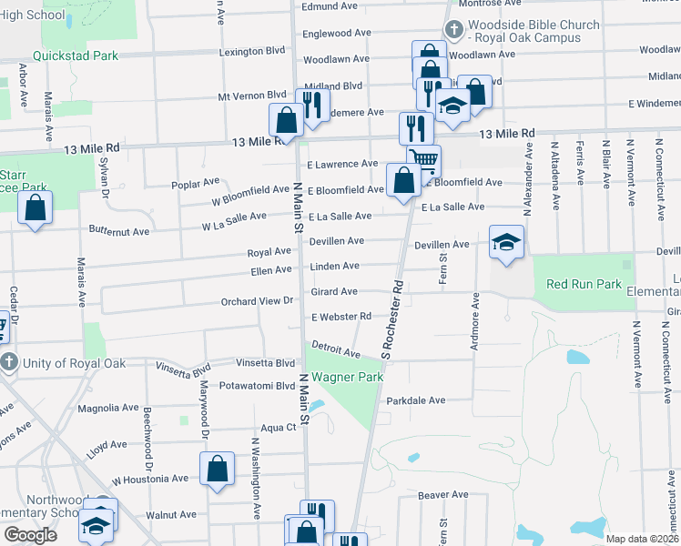 map of restaurants, bars, coffee shops, grocery stores, and more near 140 Linden Avenue in Royal Oak