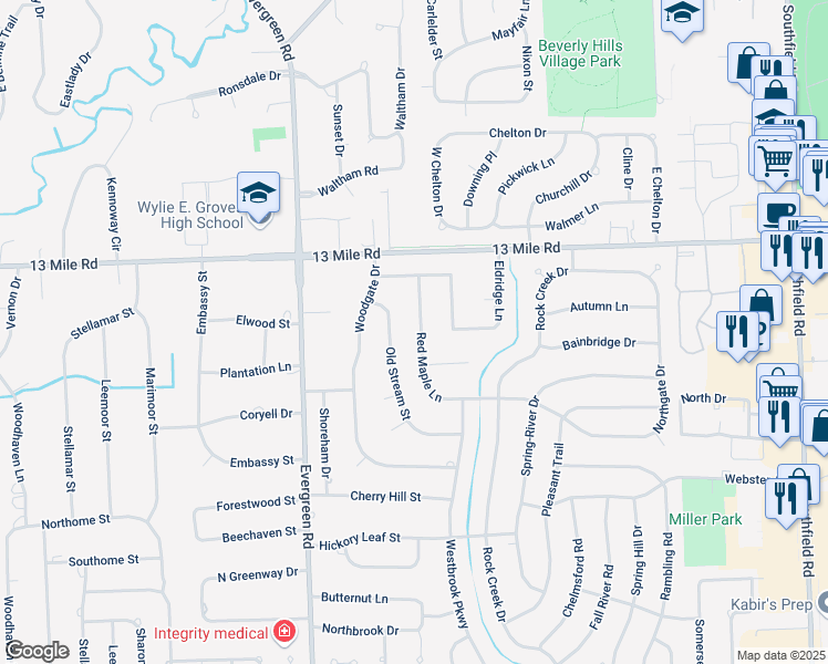 map of restaurants, bars, coffee shops, grocery stores, and more near 30705 Red Maple Ln in Southfield