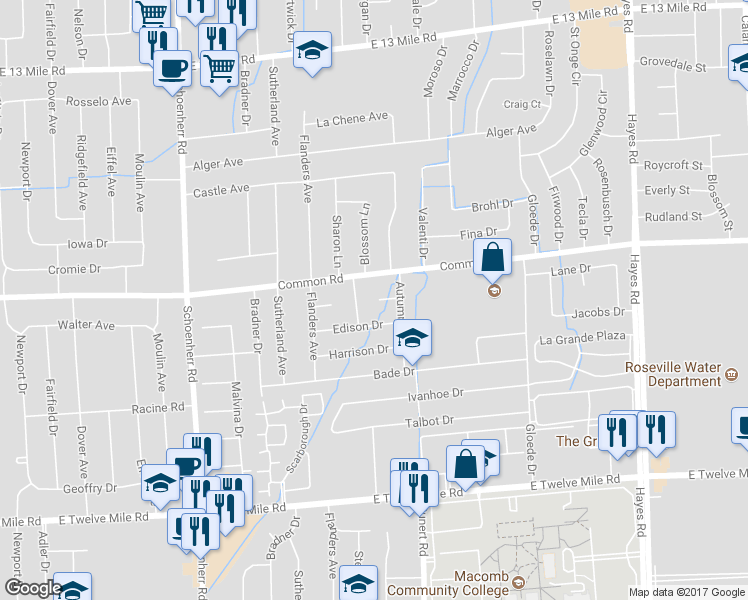 map of restaurants, bars, coffee shops, grocery stores, and more near 14143 Jane Court in Warren