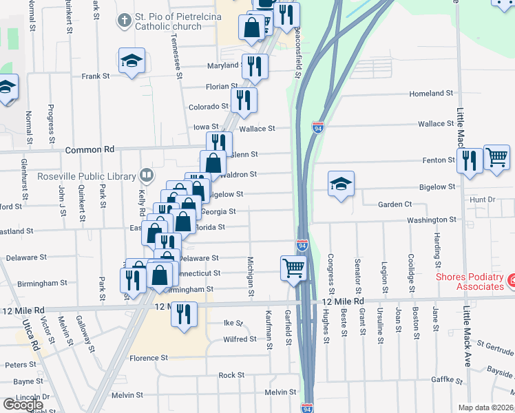 map of restaurants, bars, coffee shops, grocery stores, and more near 19425 Georgia Street in Roseville