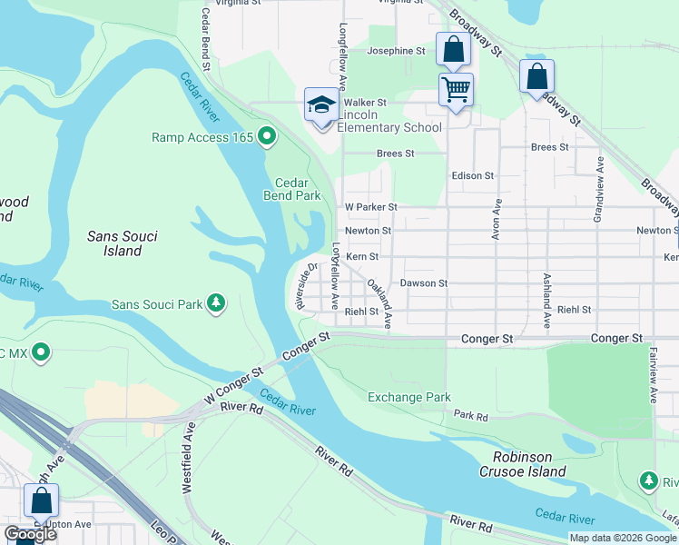 map of restaurants, bars, coffee shops, grocery stores, and more near 410 Longfellow Avenue in Waterloo