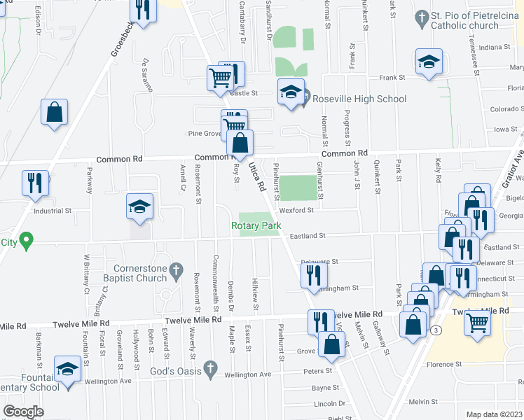 map of restaurants, bars, coffee shops, grocery stores, and more near 29655 Utica Road in Roseville