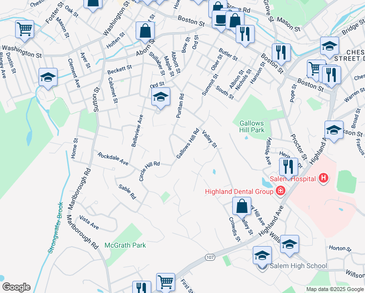 map of restaurants, bars, coffee shops, grocery stores, and more near 24 Gallows Hill Road in Salem