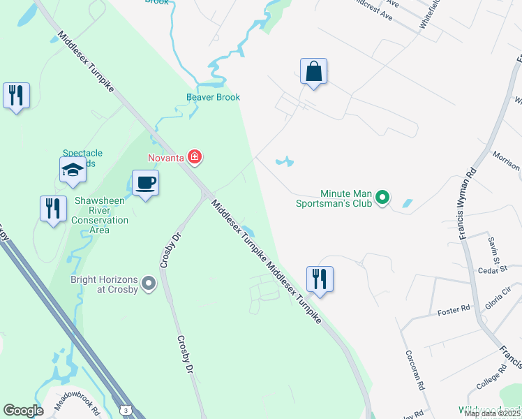 map of restaurants, bars, coffee shops, grocery stores, and more near 3000 Taylor Pond Lane in Bedford