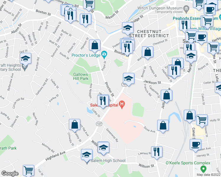 map of restaurants, bars, coffee shops, grocery stores, and more near 81 Proctor Street in Salem